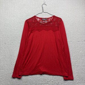 B.YOUNG Womens Size XL Blouse Cherry Red Lace Long Sleeve Light Casual Preppy